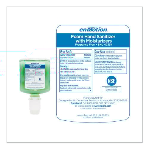 Georgia Pacific Professional GP enMotion Gen2 Moisturizing Foam Hand Sanitizer Dispenser Refill, 1,000 mL, Fragrance-Free, 2/Carton